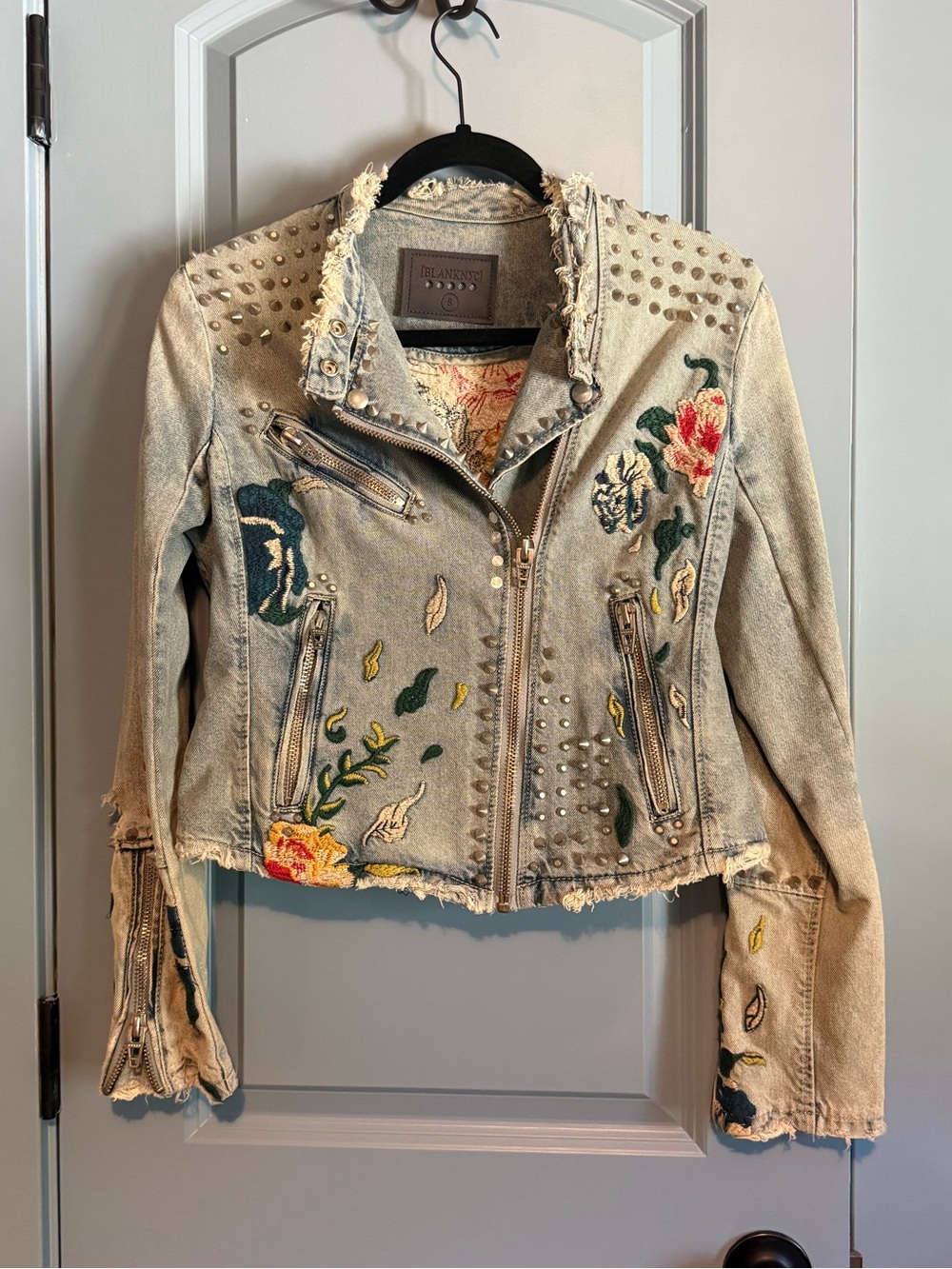 Blank NYC Light Blue Embroidered Studded Denim Jacket